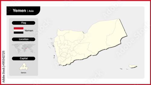Vector illustration map of Yemen. Includes national flag, location, and capital information.