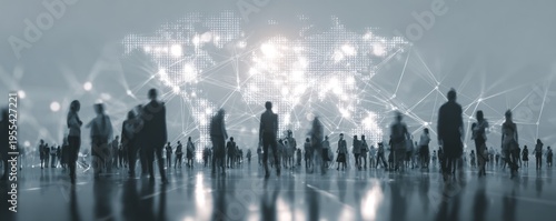 Silhouetted Crowd Gazing at a Digital World Map Display.