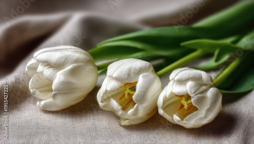 Elegant White Tulips on Soft Fabric - A Study in Floral Beauty.
