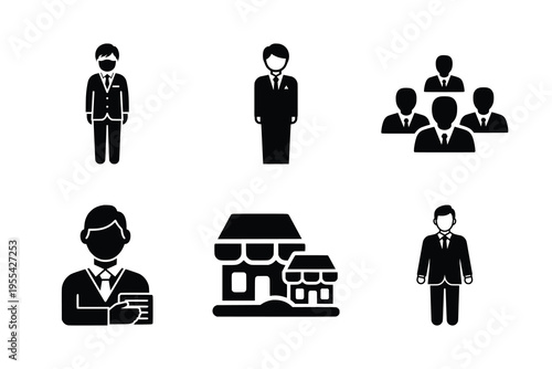 Set of business and corporate people icons, including individuals, teams, and commercial buildings, representing various aspects of commerce and management.