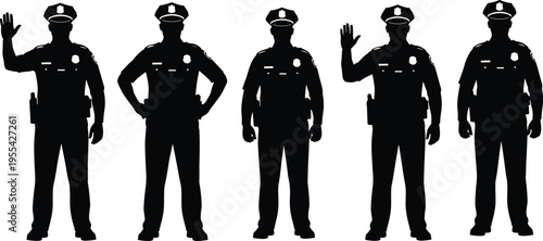 police officer silhouettes set, law enforcement collection, security guard poses, authority uniform, standing officers, isolated black silhouettes illustration pack