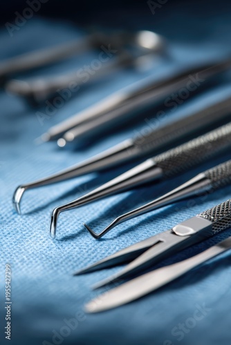 Close-up of Surgical Instruments on Blue Surface.