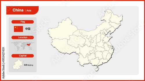Vector illustration map of china. Includes national flag, location, and capital information.