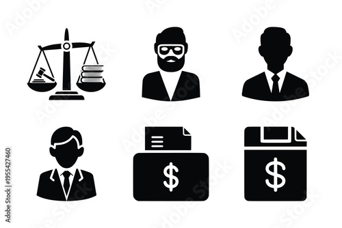 Black silhouette icons representing legal, financial, and business professionals and concepts on a white background.