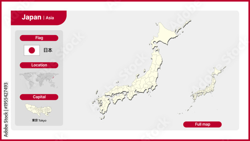 Vector illustration map of japan. Includes national flag, location, and capital information.