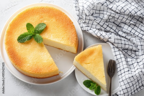 Delicious Cheesecake with Mint Garnish on White Plate.