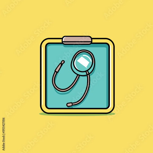 Flat vector illustration of tablet device displaying stethoscope medical tool on screen with yellow background healthcare technology concept