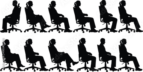 People sitting on office chair silhouettes set, men and women seated workplace poses isolated black human figures vector illustration