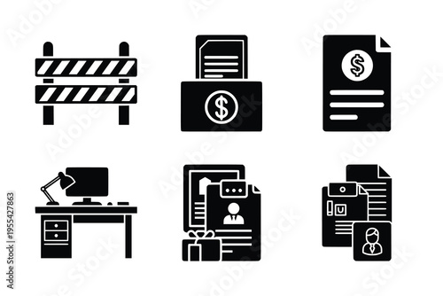 Set of business and office-related icons including financial documents, data shredder, construction barrier, and administrative files.