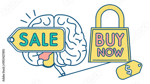 Brain with sale tag and buy now padlock illustrating consumer psychology urgency marketing and impulse purchase concept