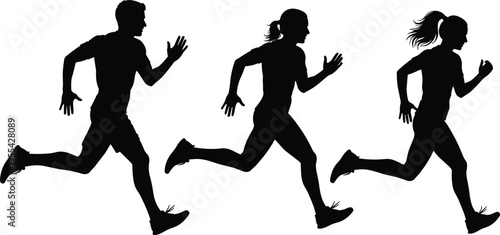Running people silhouette set, man and woman runner sprinting figures, jogging athlete action vector illustration isolated fitness sport concept