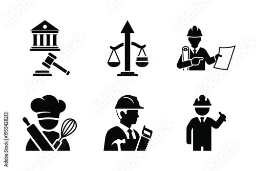 Set of black and white icons representing various professions including law, construction, engineering, and culinary arts.
