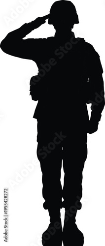 soldier silhouette saluting, military personnel standing, army uniform, defense service concept, patriotism respect gesture, isolated black soldier illustration