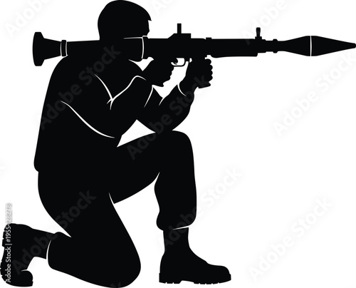 Soldier silhouette aiming rocket launcher, military combat scene, heavy weapon system, tactical warfare concept, defense forces, isolated on white background