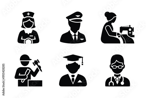 Collection of six black silhouette icons representing various professional occupations like nurse, pilot, tailor, judge, graduate, and doctor on a white background.