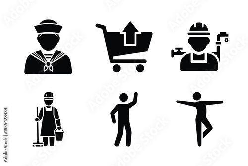 A collection of black silhouette icons depicting various professions, a shopping cart, and human figures in different poses.