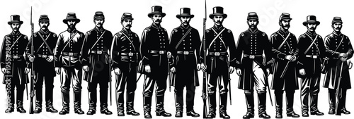 Black and white illustration of Civil War era soldiers standing in line formation, wearing historical military uniforms with rifles and swords, representing discipline and history