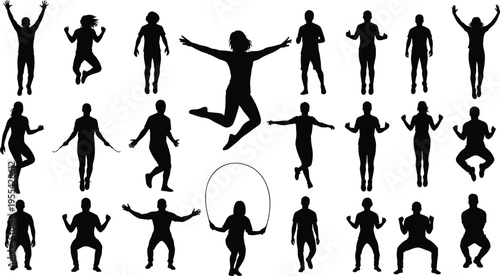 Black silhouette illustration of athletes performing various exercise poses, jumping, skipping rope, squatting, and dynamic movements, representing fitness, traini
