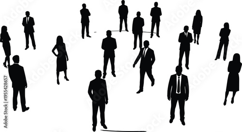 Black silhouette illustration of business people standing apart in scattered formation, wearing professional attire, representing individuality, isolation, diversity, social distancin