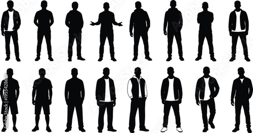 Black silhouette illustration of fifteen standing human figures in casual clothing and varied postures, arranged in two rows, representing diversity, fashion, movement and body outline concept