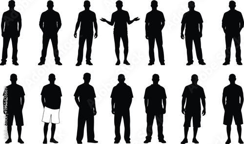 Black silhouette illustration of fourteen standing human figures in casual stances, arranged in two rows, representing posture, diversity, fashion, movement and body outline concept