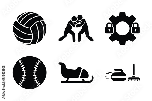 A collection of black silhouette icons featuring various sports equipment and activities like volleyball, wrestling, baseball, bobsledding, and curling, alongside a security gear icon.