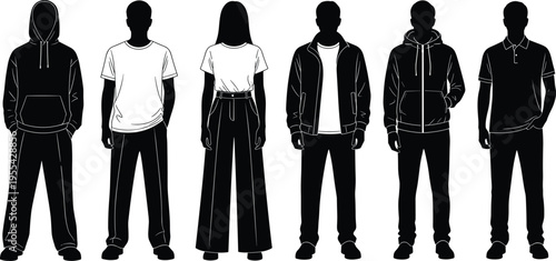 Black silhouette illustration of six standing human figures in varied casual clothing styles, representing diversity, fashion, posture, individuality and modern lifestyle concept