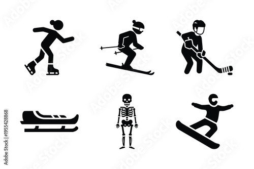 A set of black silhouette icons illustrating various winter sports and activities such as ice skating, skiing, ice hockey, sledding, and snowboarding, alongside a skeleton figure.