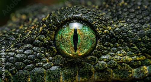 Extreme macro close-up of a detailed green and yellow snake eye with patterned scales