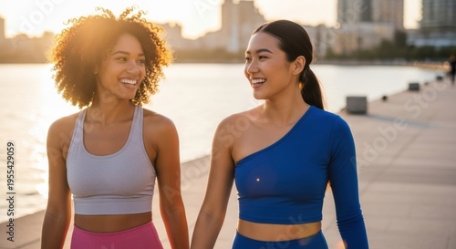 Two happy young women in sportswear walking together and talking along a sunny waterfront promenade