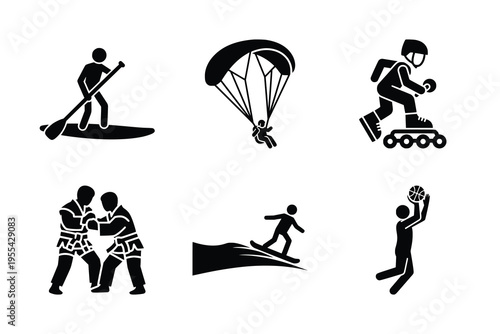 Six black silhouette icons depicting various sports and leisure activities including paddleboarding, skydiving, rollerblading, wrestling, surfing, and basketball.
