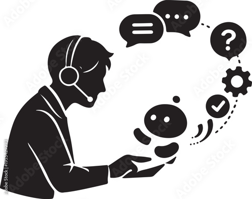 A customer service representative interacts with robotic chat assistants via a digital interface high quality