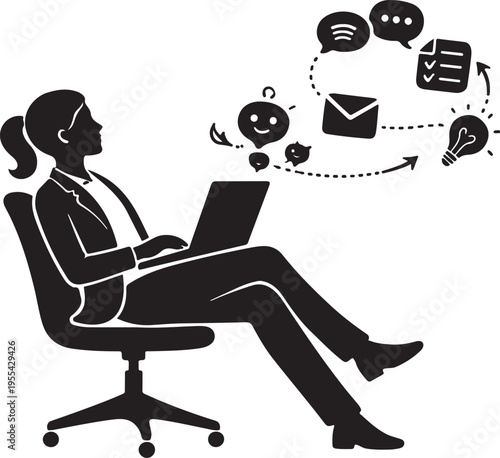 A woman works on a laptop surrounded by icons representing communication and innovative ideas