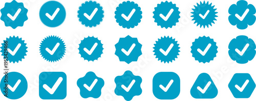 Blue check mark collection, set of vector white tick icons inside various circles and hexagons, verification