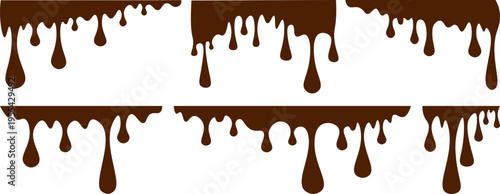 Brown chocolate dripping liquid borders set on white background, collection of melting drips