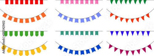 Collection of bunting flags in different shapes and solid colors, party garland set