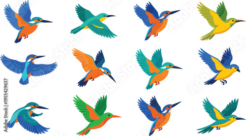 Set of Colorful Flat Vector Kingfisher Bird Icons Featuring Vibrant Flying Blue and Orange Common Kingfishers for Nature and Wildlife Conservation Graphic Designs