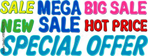Collection of colorful cartoon sale text with outlines, mega big sale hot price special offer set