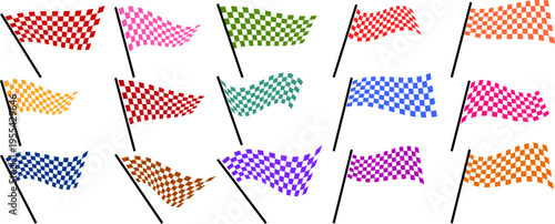 Collection of colorful checkered racing flags on poles for sport events, finish line flags set