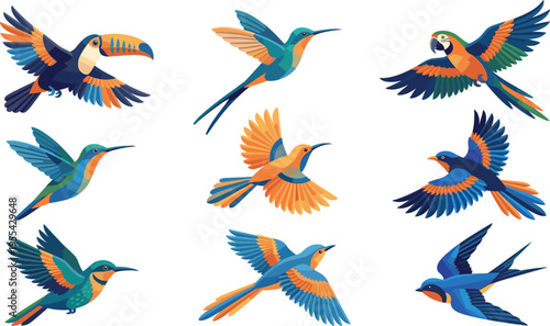 Large Collection of Colorful Flat Vector Bird Icons Featuring Eagle Owl Parrot Flamingo Toucan Swan and Penguin for Nature and Wildlife Designs