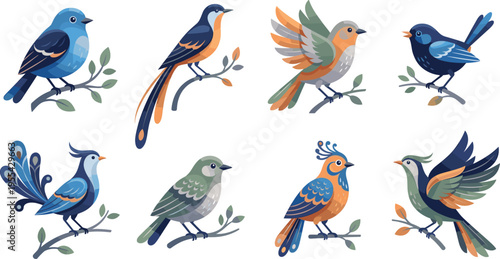 Collection of Flat Vector Exotic Bird Icons Featuring Vibrant Blue Jay Robin and Tropical Species Perched on Branches for Nature Illustration and Wildlife Design