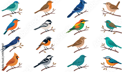 Flat Vector Garden Bird Icon Set Featuring Robin Blue Jay Sparrow Cardinal Chickadee and Swallow Perched on Branches for Nature and Wildlife Designs