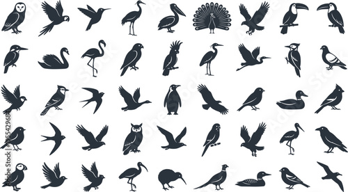 Large Collection of Black Bird Silhouette Icons Featuring Owl Parrot Flamingo Peacock Penguin Toucan and Eagle for Nature and Wildlife Vector Designs