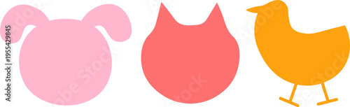 Collection of solid colored animal silhouettes of dog cat and chicken, minimalist animal shape vector