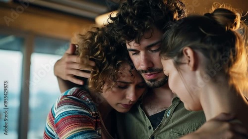 Friends offering comfort and support through warm hugs and empathy during a challenging moment of grief showcasing the strength of their bond and the healing power of friendship.