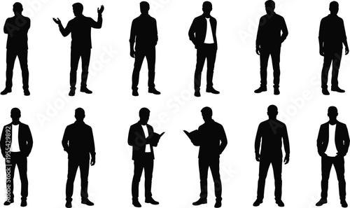 Collection of male silhouettes in different standing poses, representing business professionals, casual styles, communication gestures, urban lifestyle, and modern people diversity concept