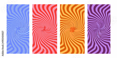 Four vibrant swirling vertical panels in blue red orange and purple