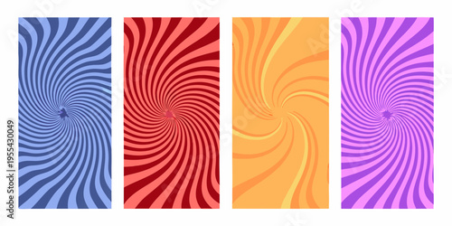 Four vibrant swirling vertical rectangles with optical illusion patterns