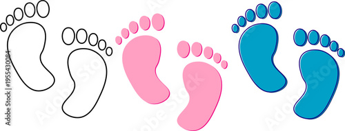 Colorful baby footprints in pink and blue, cute newborn infant foot silhouette set