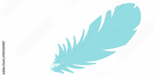 A single light blue feather isolated on a plain white background